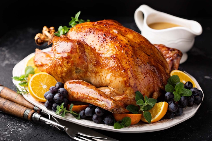 Festive celebration roasted turkey with gravy for Thanksgiving or Christmas