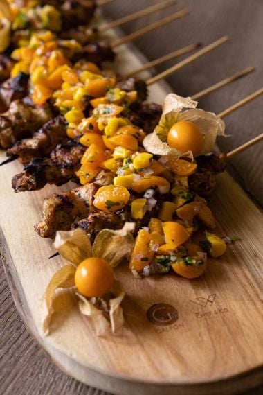 Golden Berry Salsa Fresca with Grilled Chili and Garlic Chicken Skewers