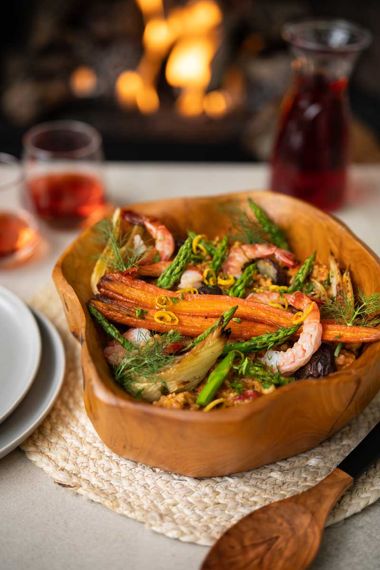 Smoky Paella with Asparagus and Prawns